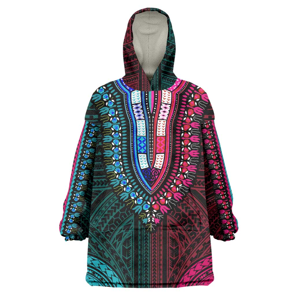 African Dashiki and Polynesian Pattern Wearable Blanket Hoodie Half Teal-Pink