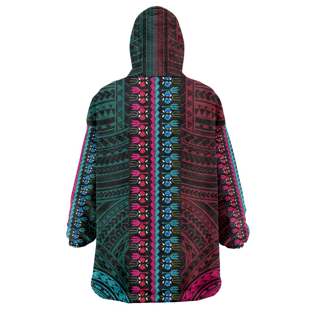 African Dashiki and Polynesian Pattern Wearable Blanket Hoodie Half Teal-Pink