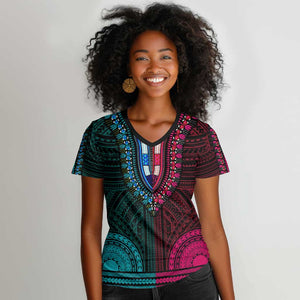African Dashiki and Polynesian Pattern Women V-Neck T-Shirt Half Teal-Pink