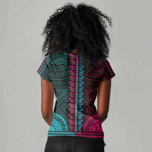 African Dashiki and Polynesian Pattern Women V-Neck T-Shirt Half Teal-Pink