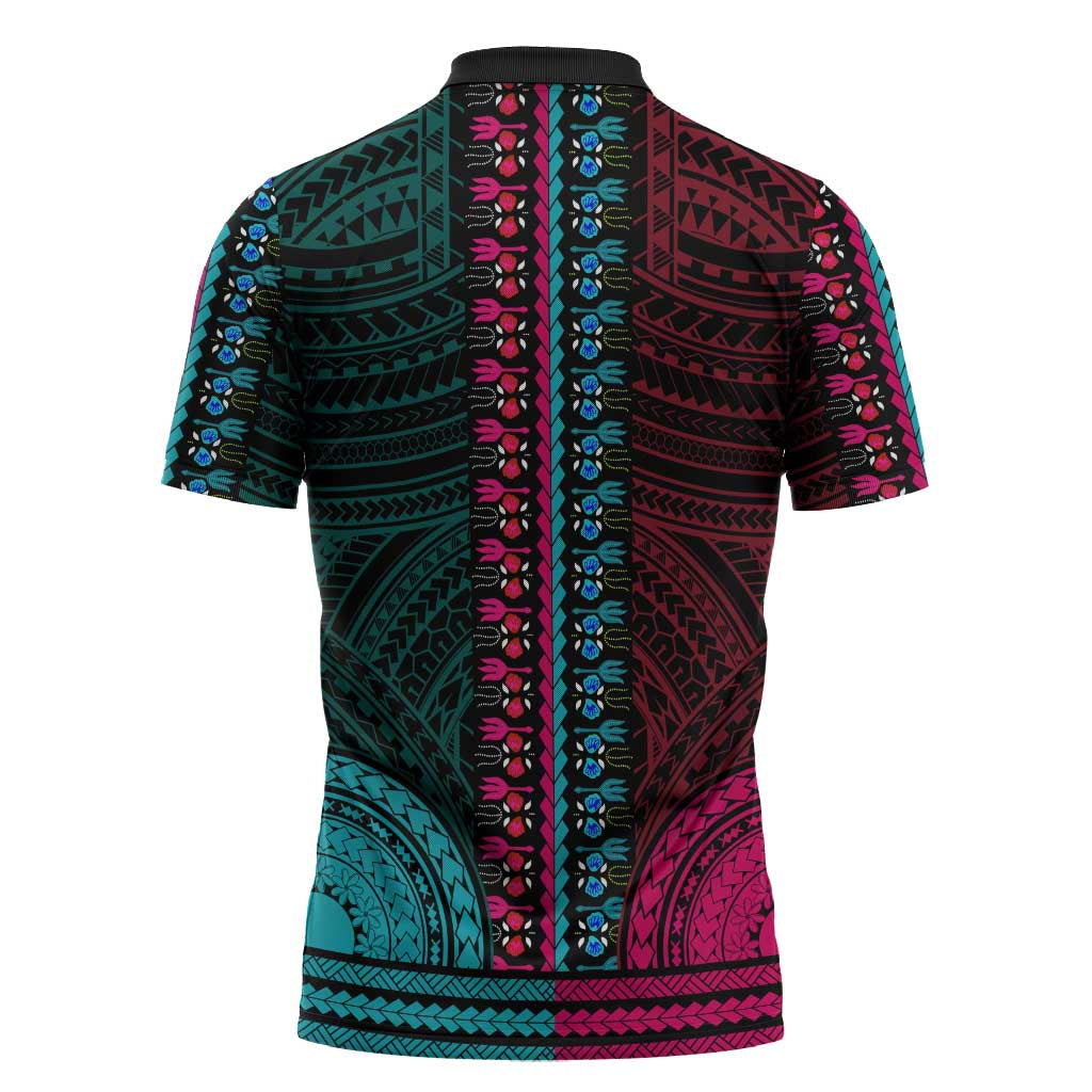 African Dashiki and Polynesian Pattern Zipper Polo Shirt Half Teal-Pink