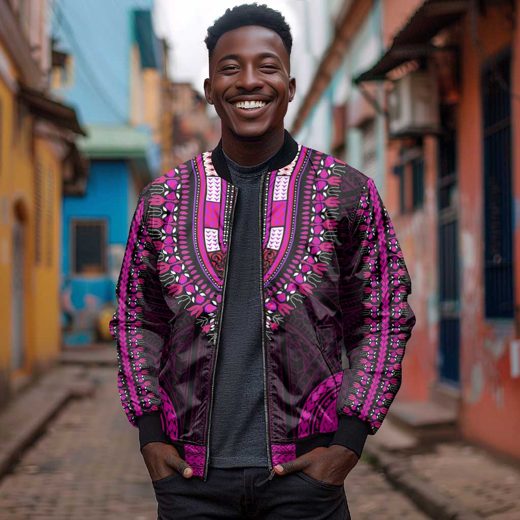 African Dashiki and Polynesian Pattern Bomber Jacket Pink