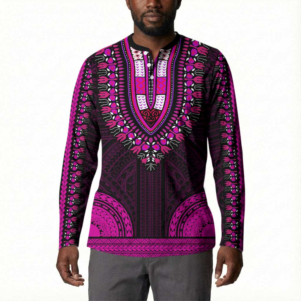 African Dashiki and Polynesian Pattern Button Sweatshirt Pink