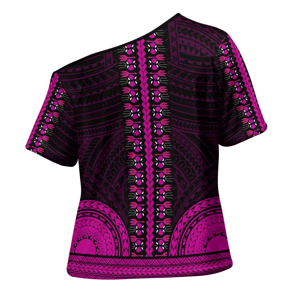 African Dashiki and Polynesian Pattern Cross Shoulder Shirt Pink