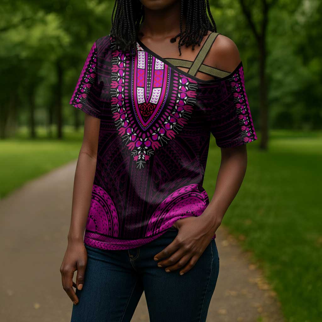 African Dashiki and Polynesian Pattern Cross Shoulder Shirt Pink