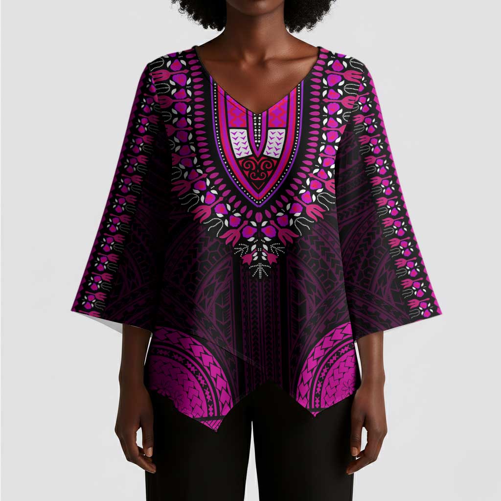 African Dashiki and Polynesian Pattern Kimono Sleeve Blouse Pink