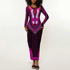African Dashiki and Polynesian Pattern Long Sleeve Bodycon Dress Pink LT9