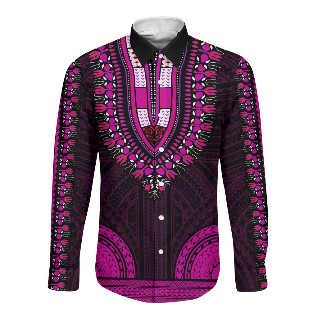 African Dashiki and Polynesian Pattern Long Sleeve Button Shirt Pink