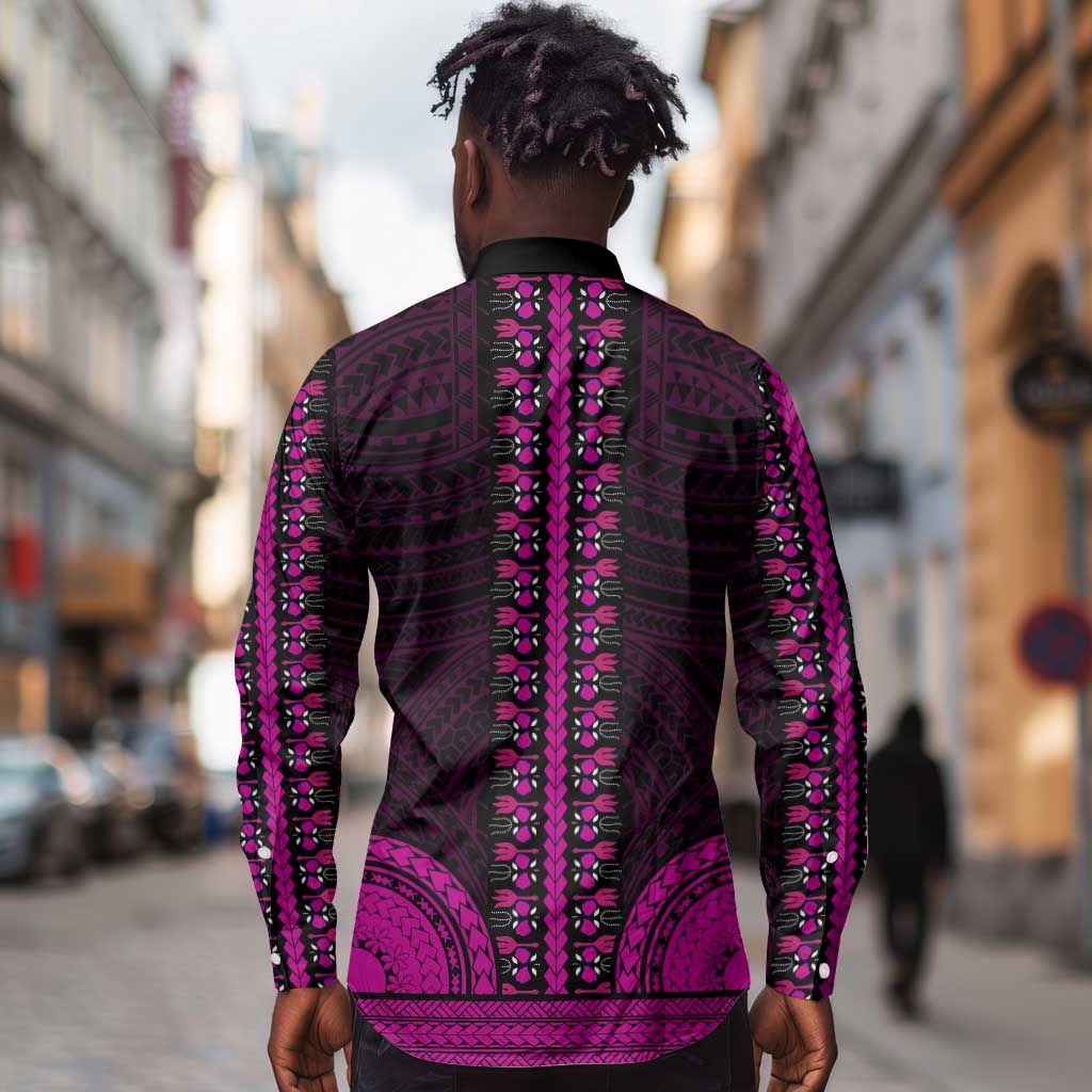 African Dashiki and Polynesian Pattern Long Sleeve Button Shirt Pink