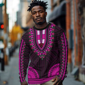 African Dashiki and Polynesian Pattern Long Sleeve Shirt Pink