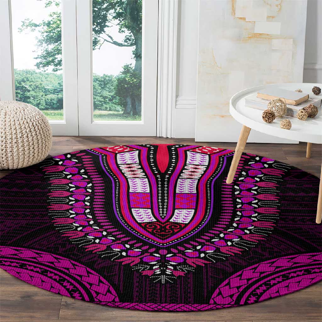 African Dashiki and Polynesian Pattern Round Carpet Pink