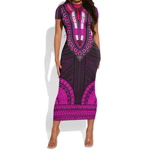 African Dashiki and Polynesian Pattern Short Sleeve Bodycon Dress Pink LT9