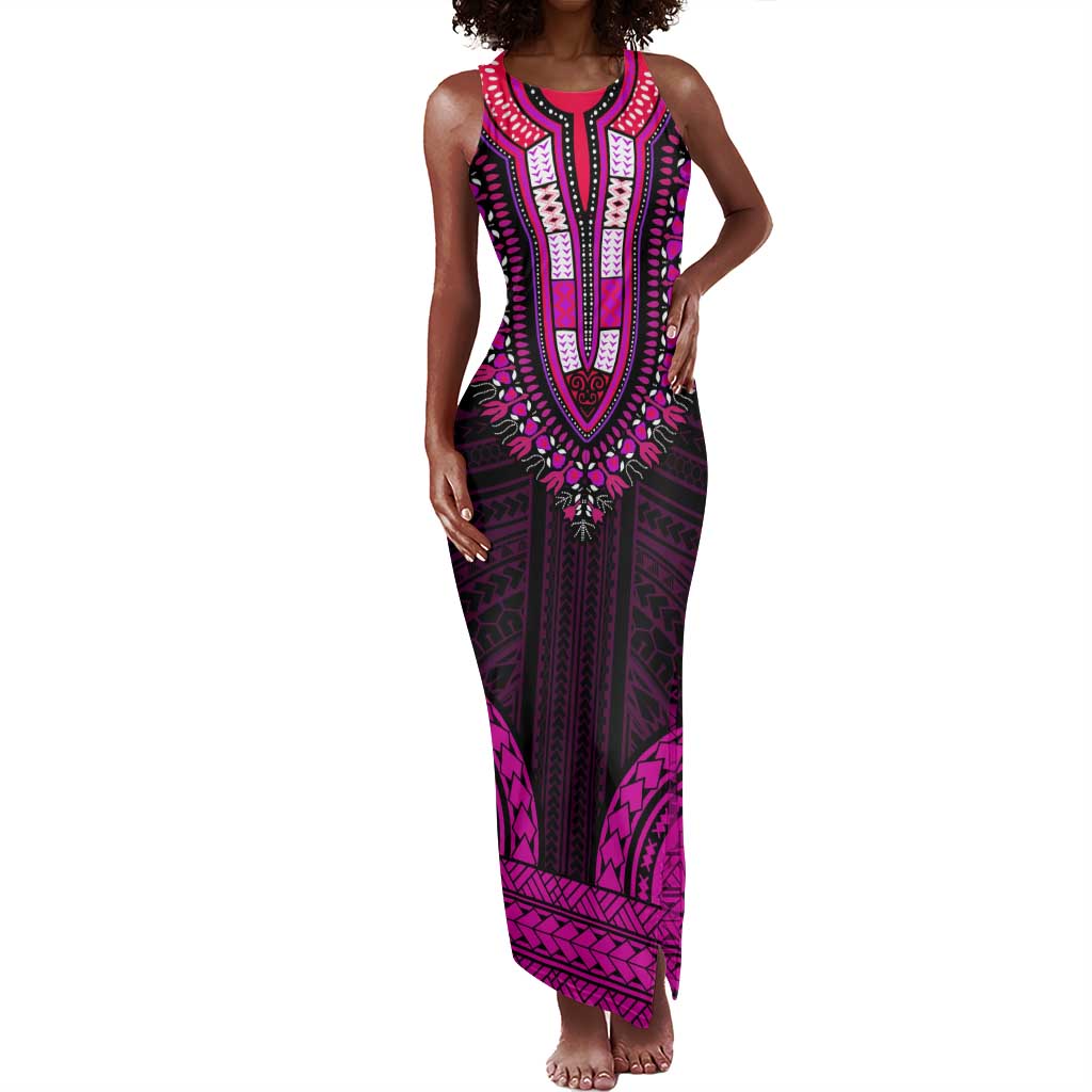 African Dashiki and Polynesian Pattern Tank Maxi Dress Pink