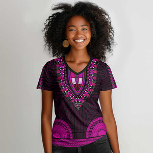 African Dashiki and Polynesian Pattern Women V-Neck T-Shirt Pink