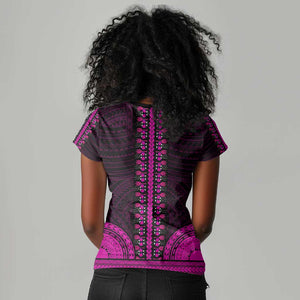 African Dashiki and Polynesian Pattern Women V-Neck T-Shirt Pink