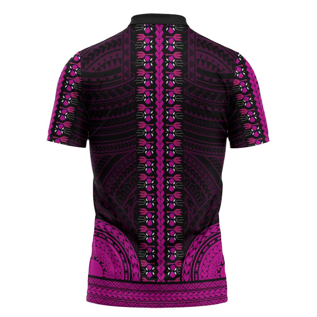 African Dashiki and Polynesian Pattern Zipper Polo Shirt Pink