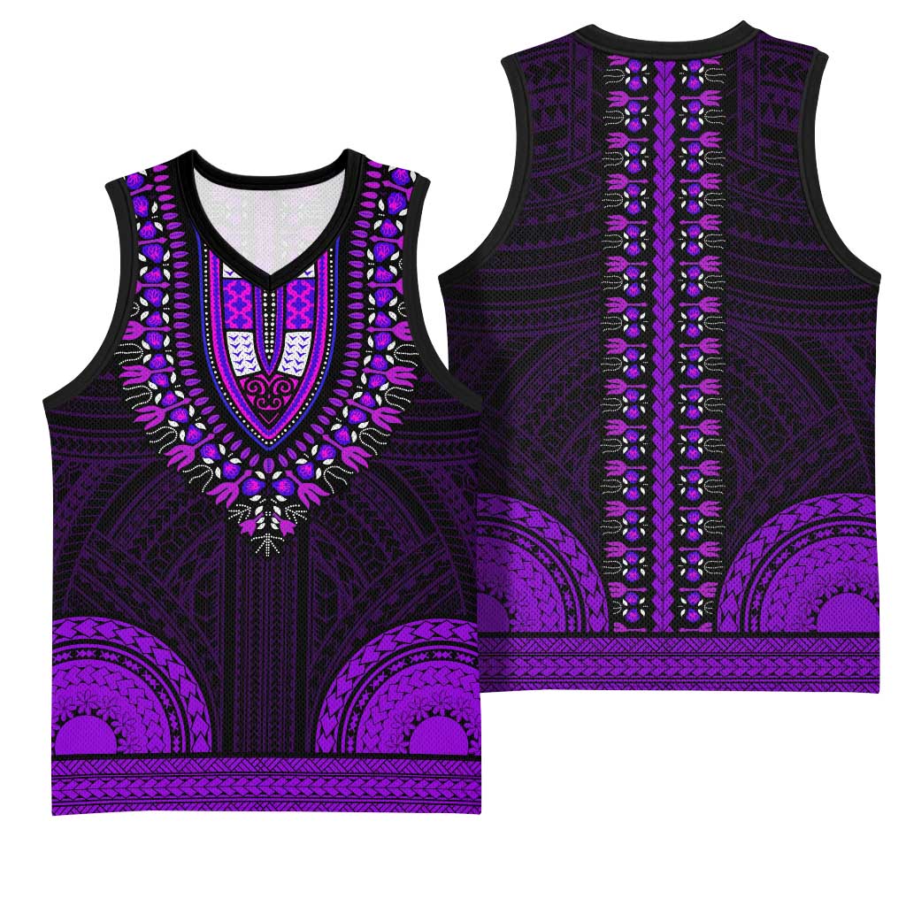 African Dashiki and Polynesian Pattern Basketball Jersey Purple - African Pride