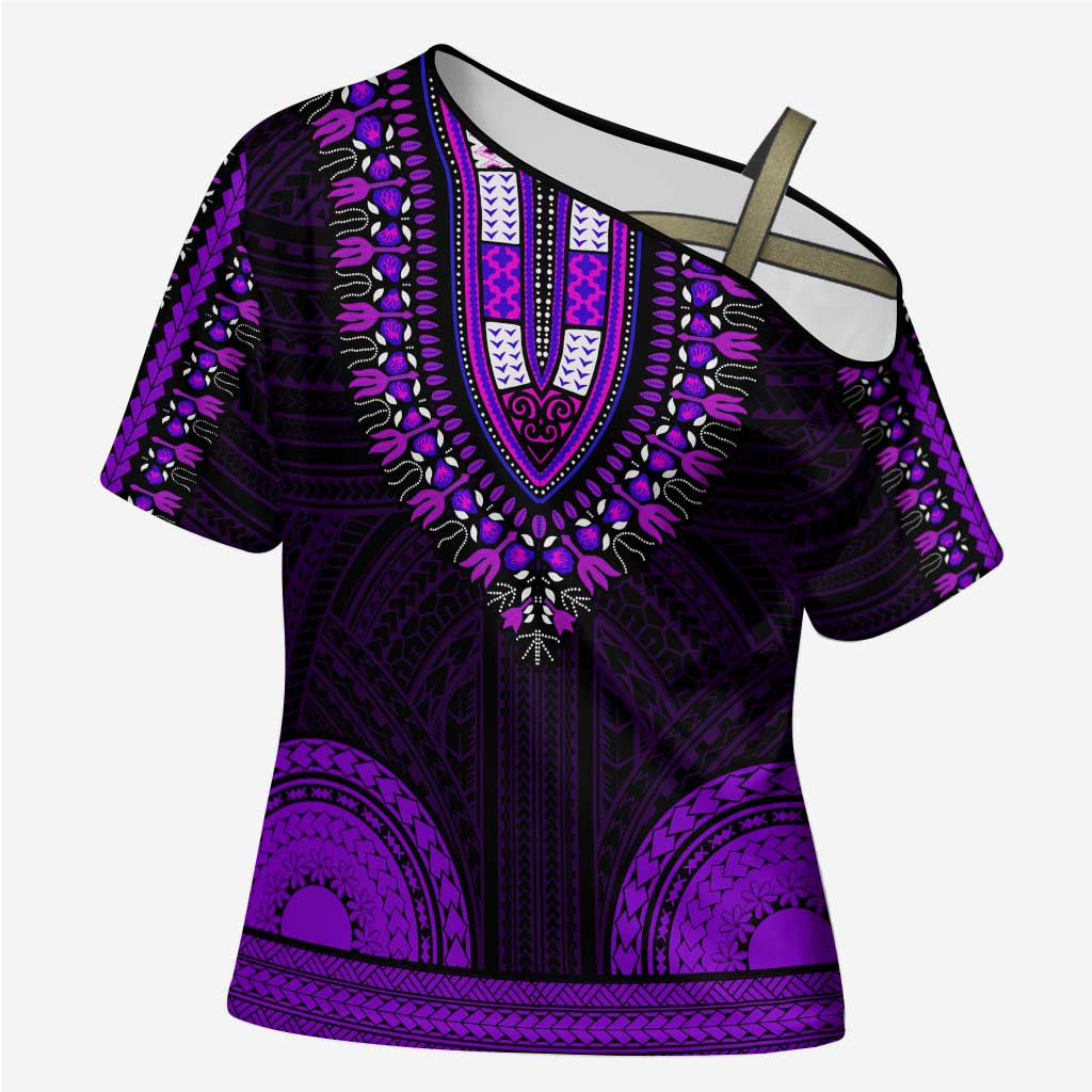 African Dashiki and Polynesian Pattern Cross Shoulder Shirt Purple