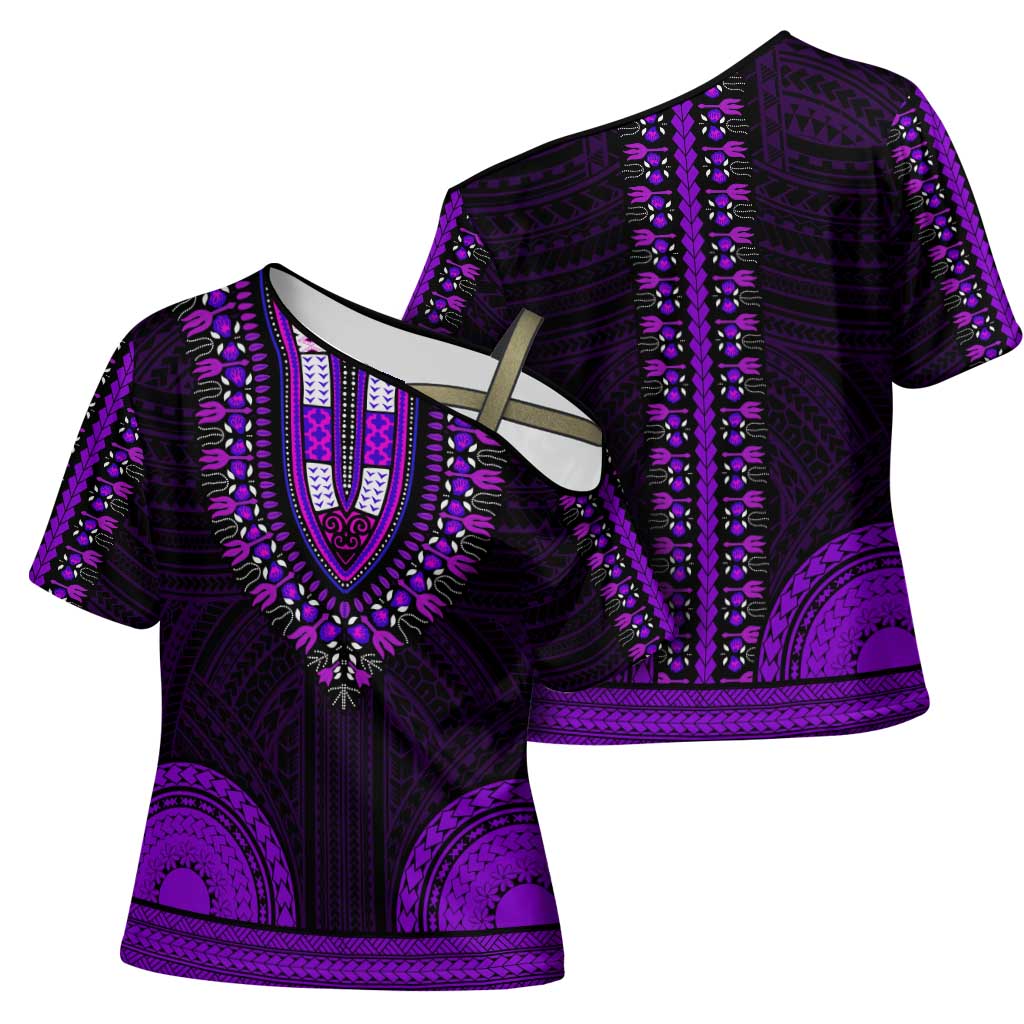 African Dashiki and Polynesian Pattern Cross Shoulder Shirt Purple