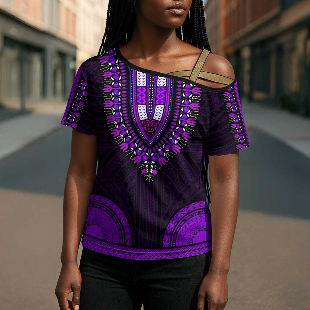 African Dashiki and Polynesian Pattern Cross Shoulder Shirt Purple