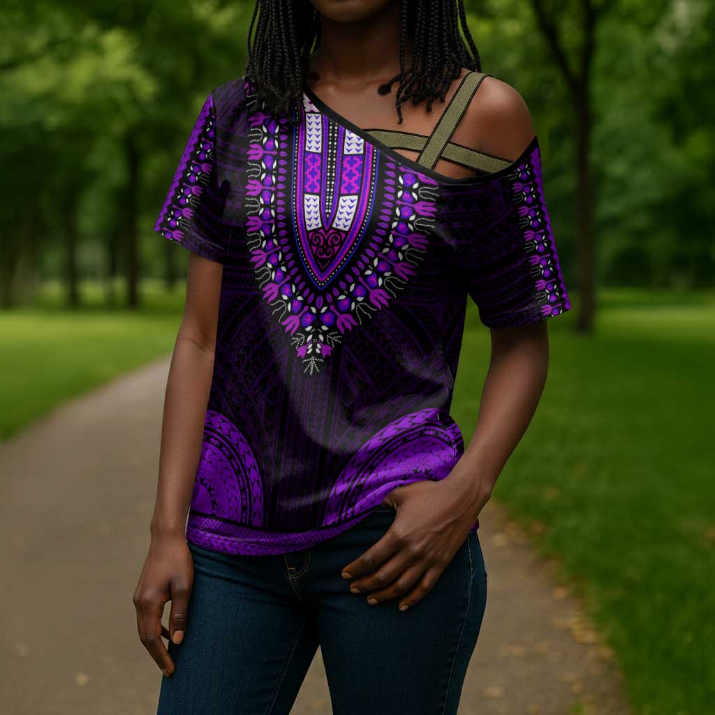 African Dashiki and Polynesian Pattern Cross Shoulder Shirt Purple