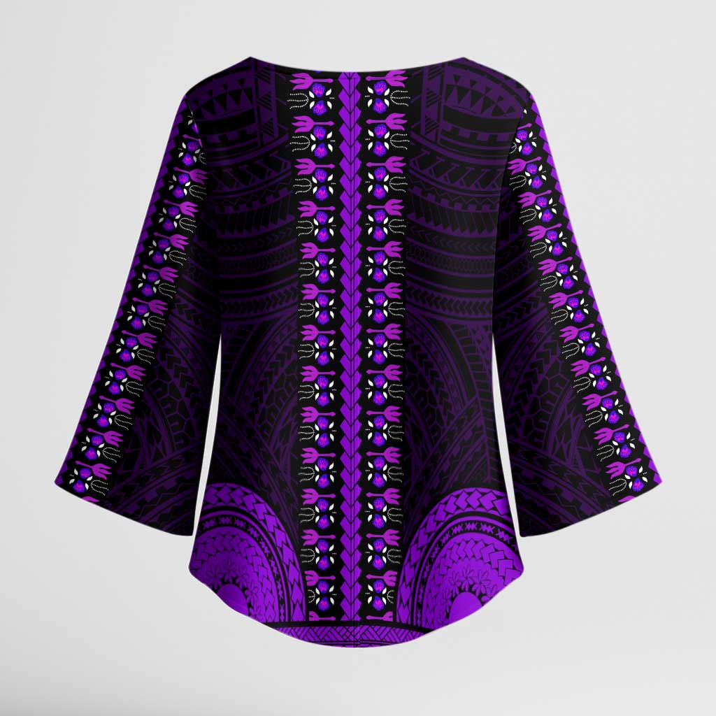 African Dashiki and Polynesian Pattern Kimono Sleeve Blouse Purple