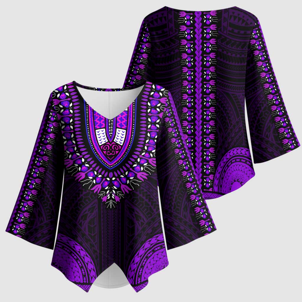 African Dashiki and Polynesian Pattern Kimono Sleeve Blouse Purple