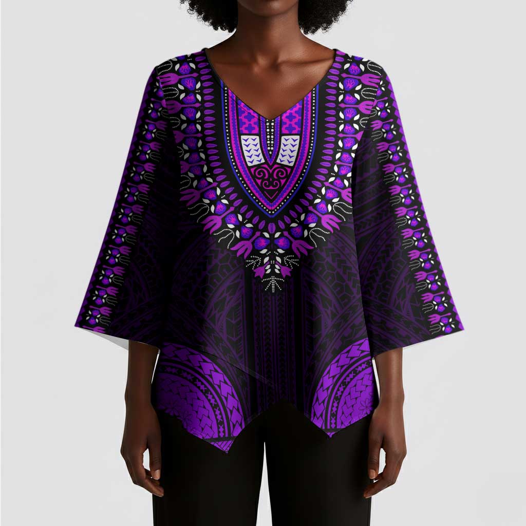 African Dashiki and Polynesian Pattern Kimono Sleeve Blouse Purple