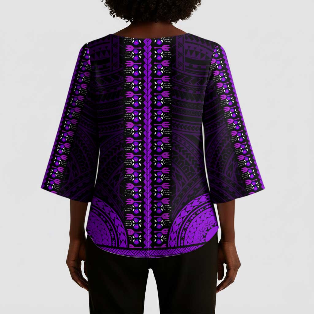 African Dashiki and Polynesian Pattern Kimono Sleeve Blouse Purple