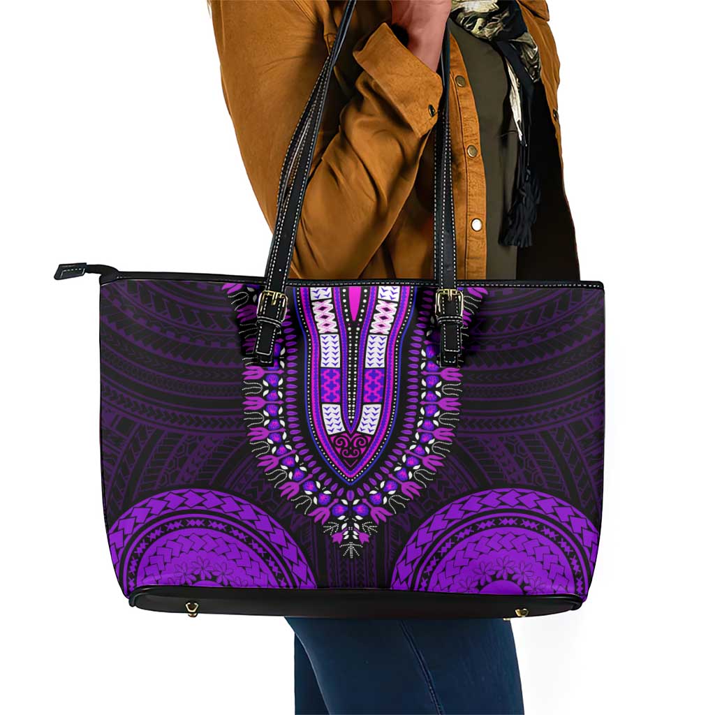 African Dashiki and Polynesian Pattern Leather Tote Bag Purple
