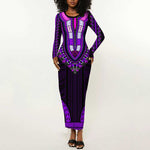 African Dashiki and Polynesian Pattern Long Sleeve Bodycon Dress Purple LT9