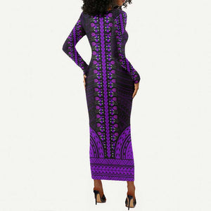 African Dashiki and Polynesian Pattern Long Sleeve Bodycon Dress Purple LT9