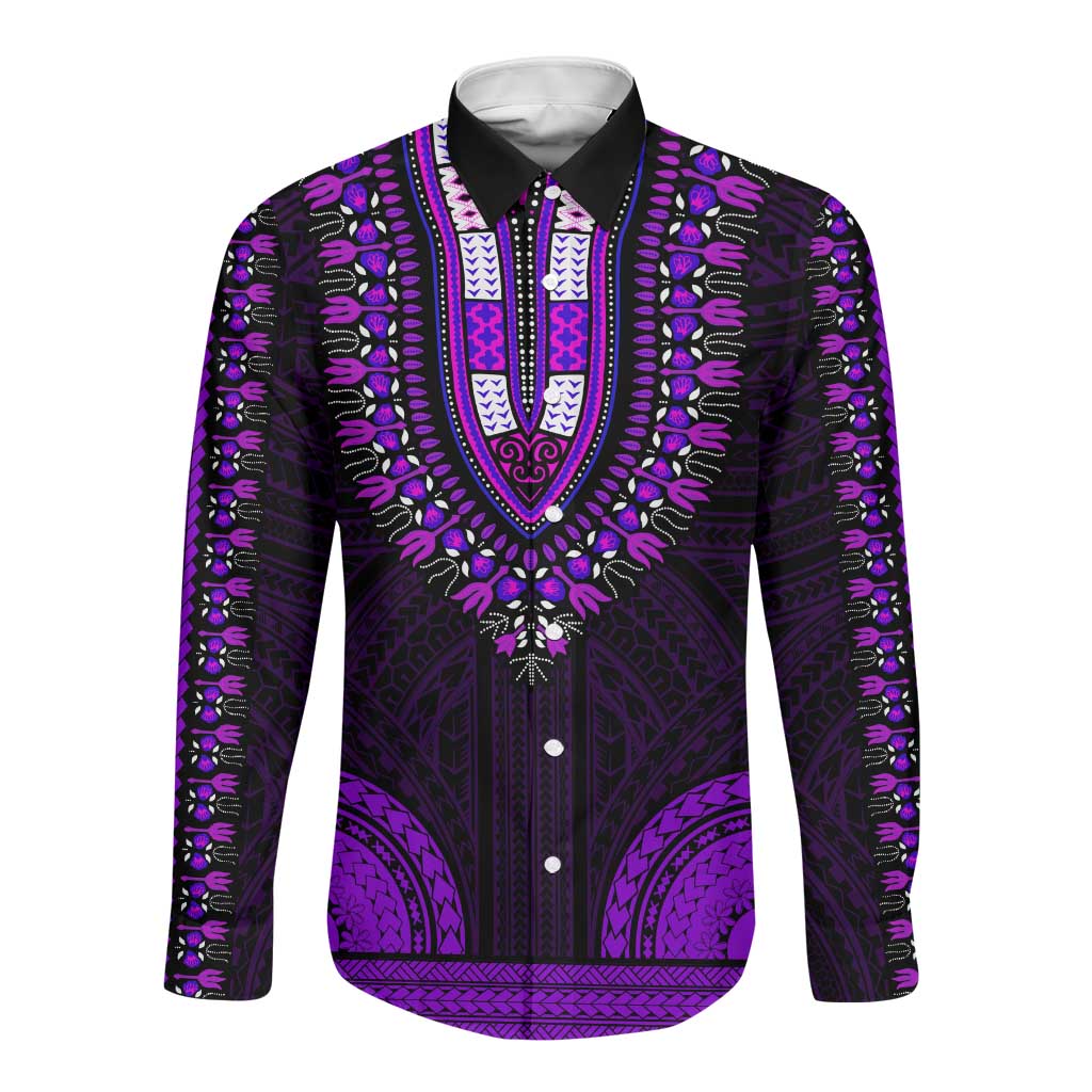 African Dashiki and Polynesian Pattern Long Sleeve Button Shirt Purple
