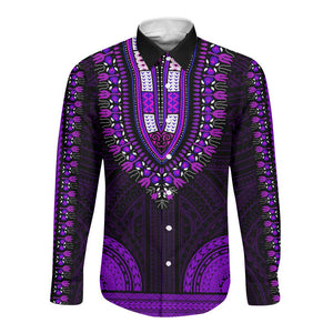 African Dashiki and Polynesian Pattern Long Sleeve Button Shirt Purple