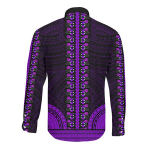 African Dashiki and Polynesian Pattern Long Sleeve Button Shirt Purple