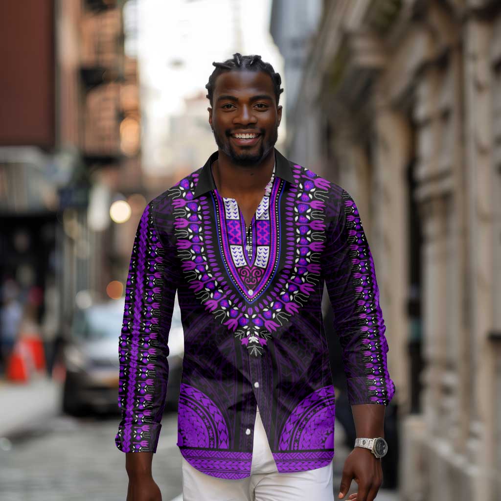 African Dashiki and Polynesian Pattern Long Sleeve Button Shirt Purple