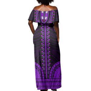 African Dashiki and Polynesian Pattern Off Shoulder Maxi Dress Purple