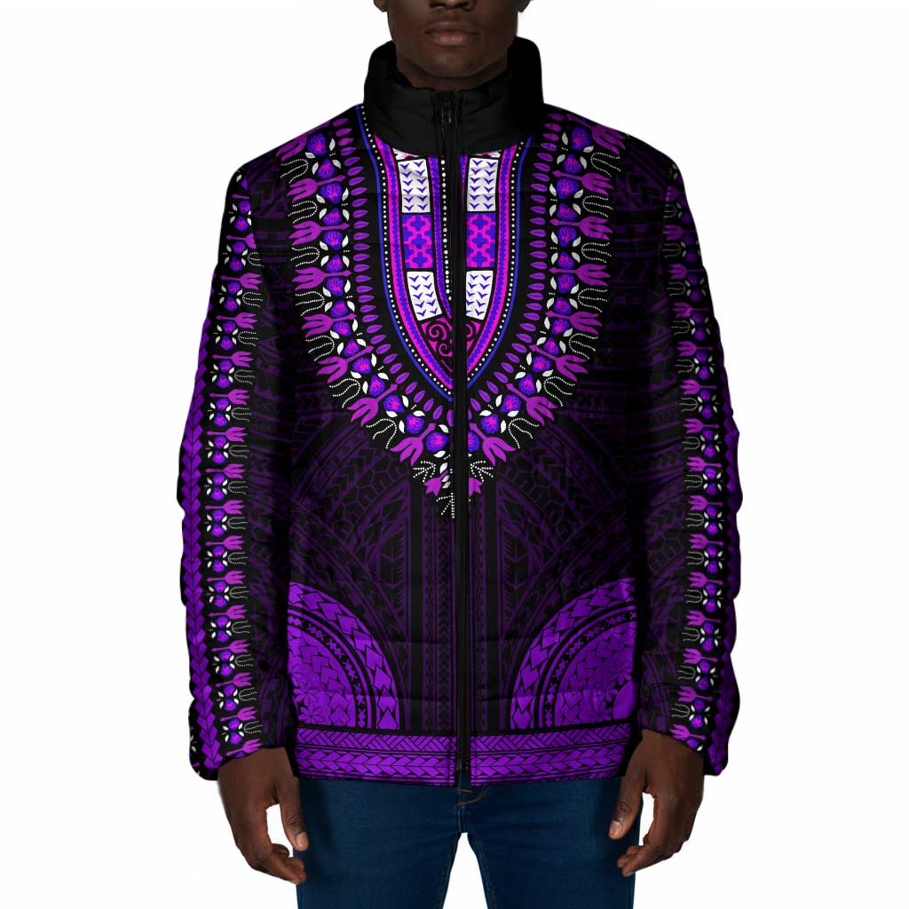 African Dashiki and Polynesian Pattern Padded Jacket Purple
