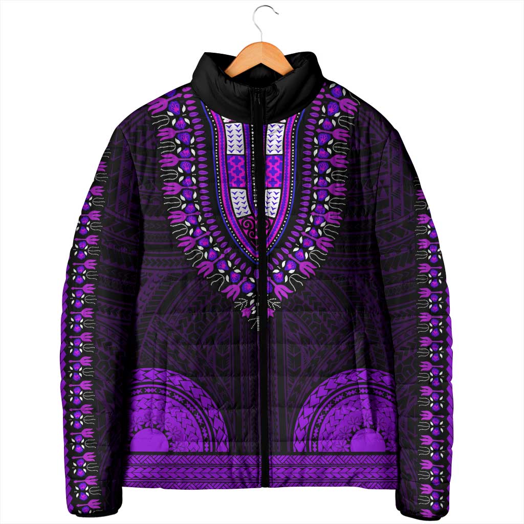 African Dashiki and Polynesian Pattern Padded Jacket Purple