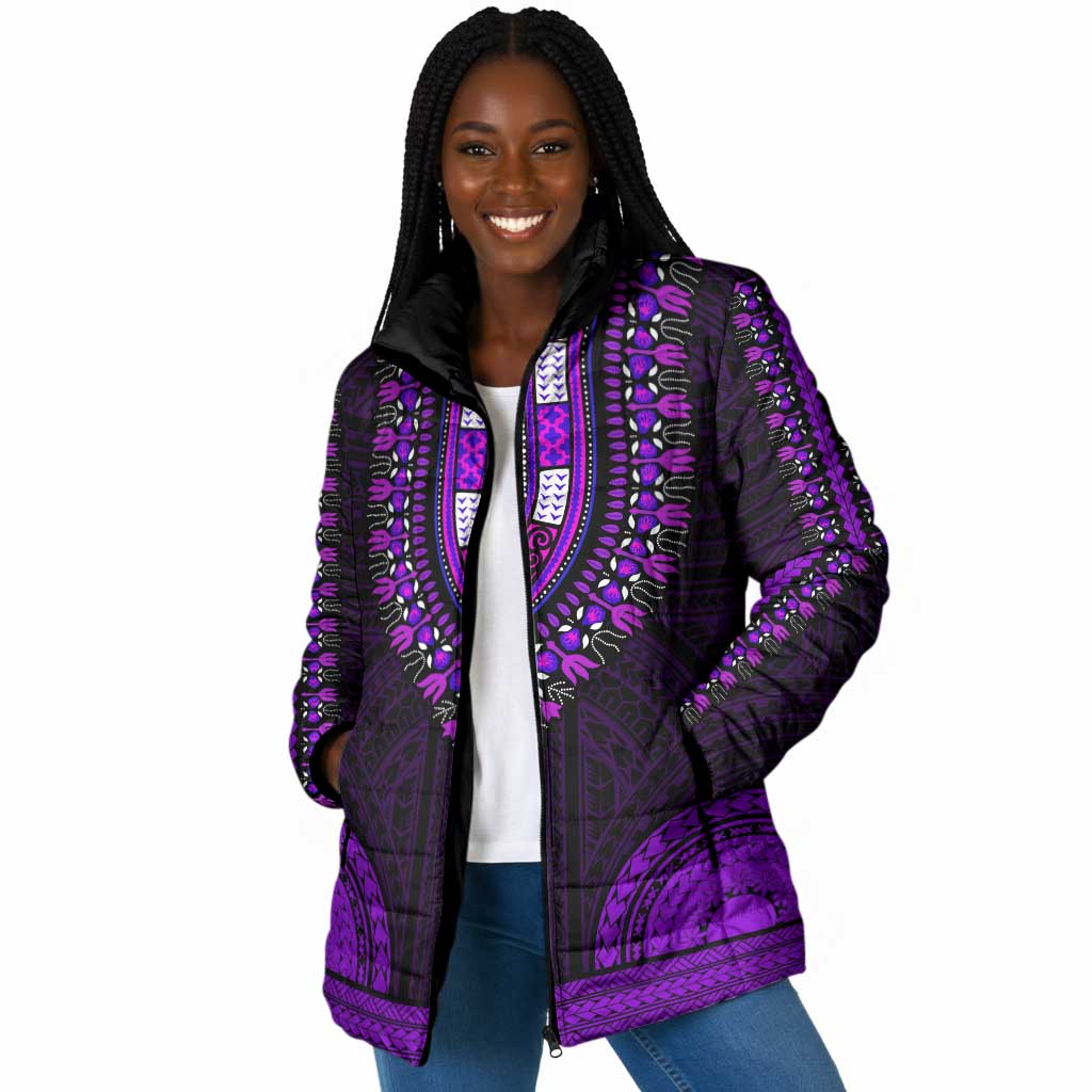 African Dashiki and Polynesian Pattern Padded Jacket Purple