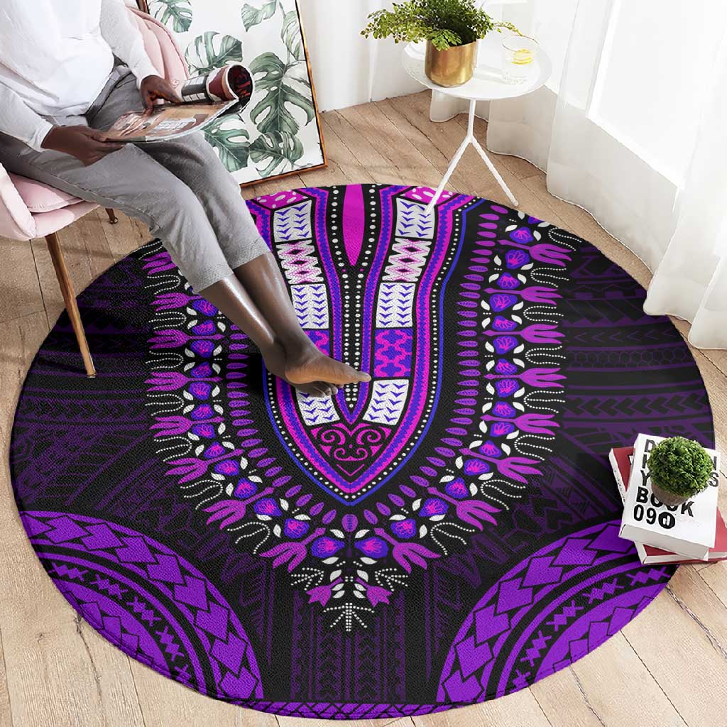 African Dashiki and Polynesian Pattern Round Carpet Purple