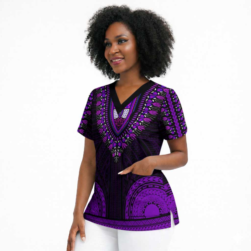 African Dashiki and Polynesian Pattern Scrub Top Purple