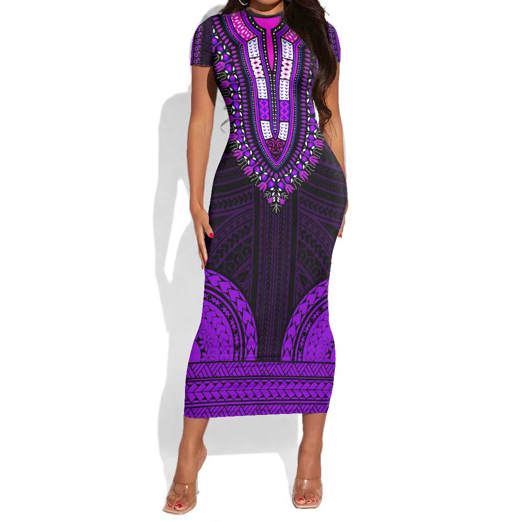 African Dashiki and Polynesian Pattern Short Sleeve Bodycon Dress Purple LT9