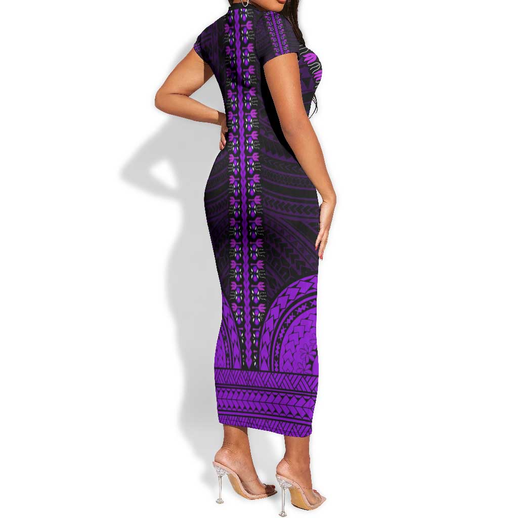 African Dashiki and Polynesian Pattern Short Sleeve Bodycon Dress Purple LT9