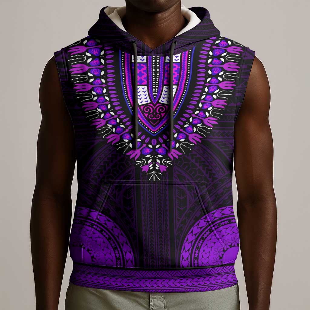 African Dashiki and Polynesian Pattern Sleeveless Hoodie Purple - African Pride