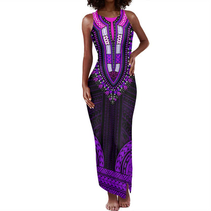 African Dashiki and Polynesian Pattern Tank Maxi Dress Purple