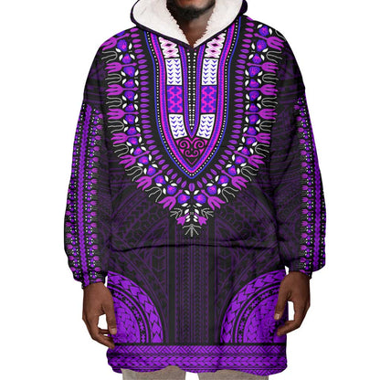 African Dashiki and Polynesian Pattern Wearable Blanket Hoodie Purple