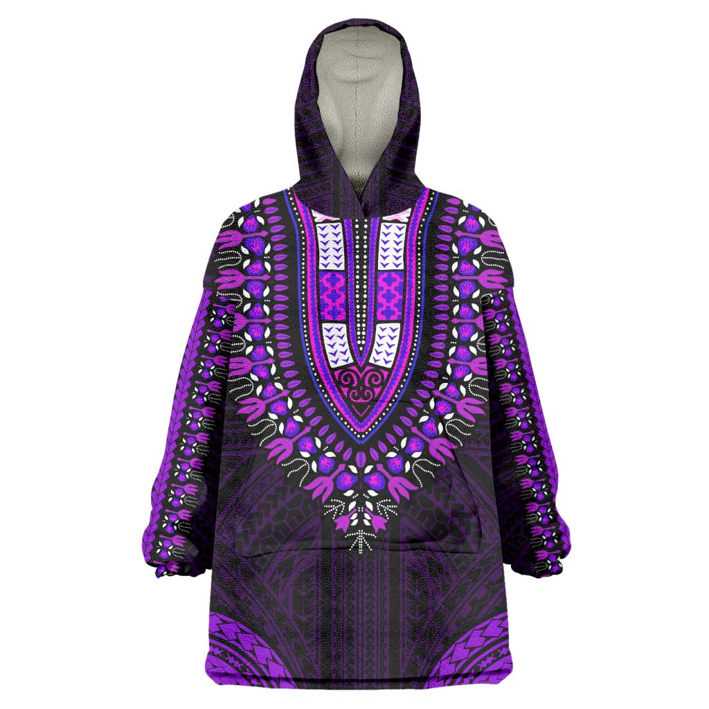 African Dashiki and Polynesian Pattern Wearable Blanket Hoodie Purple