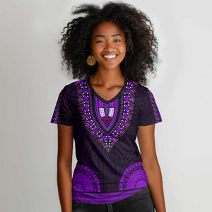 African Dashiki and Polynesian Pattern Women V-Neck T-Shirt Purple