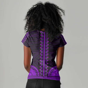 African Dashiki and Polynesian Pattern Women V-Neck T-Shirt Purple